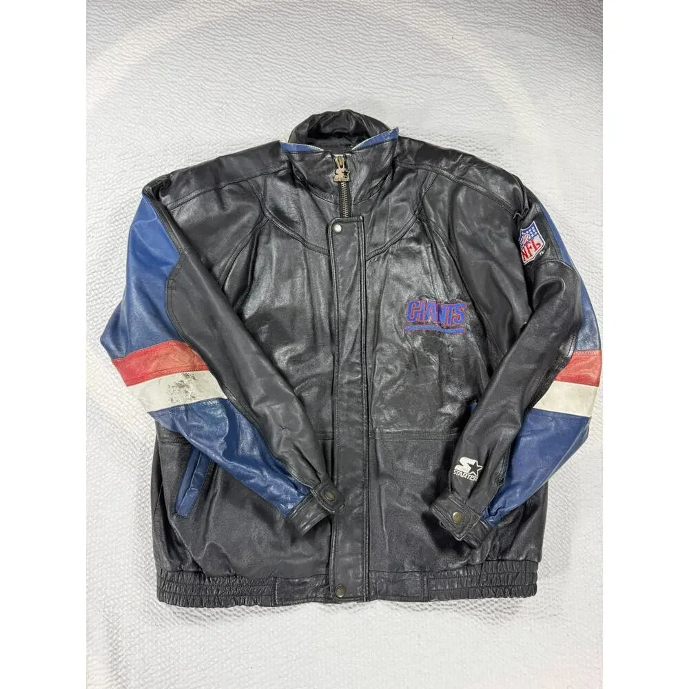VINTAGE Starter Leather Jacket Mens Large New York Giants Black 90s NFL Football